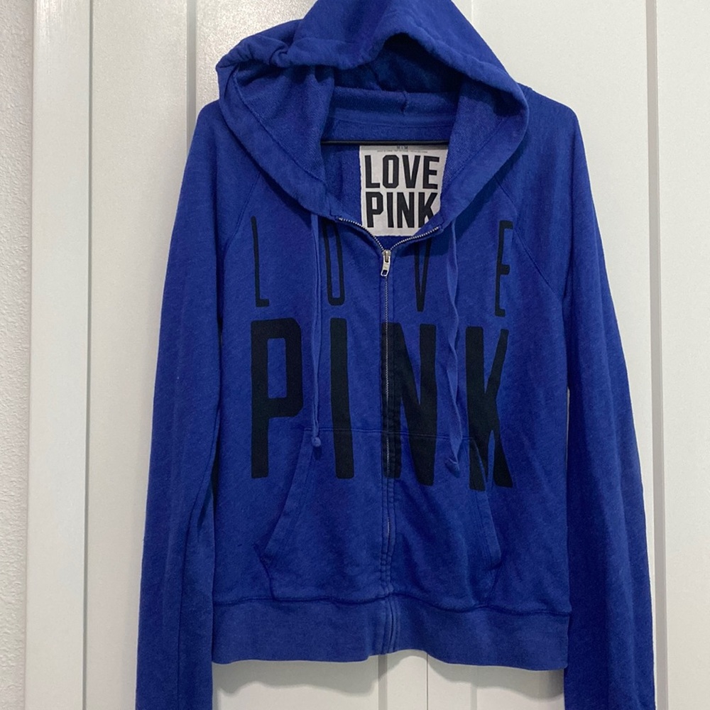Victoria’s Secret Love Pink Lounge Hoodie Blue Logo Full Zip | Size Medium